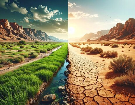 Dos realidades, un mismo planeta. Divisi&oacute;n de escena, mitad seca mitad verde, r&iacute;o vs desierto, mensaje ambiental