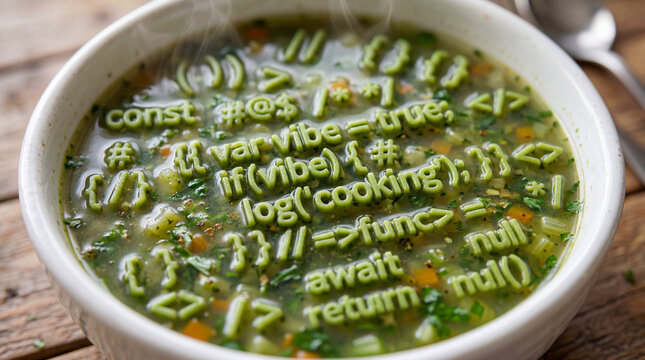 Bol de soupe de l&eacute;gumes aux p&acirc;tes de l'alphabet vert en forme de code informatique