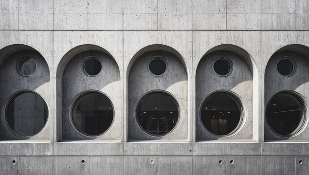 Modern architectural facade with arched openings and circular windows
