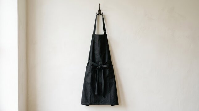 A black apron hanging on a hook against a white wall.