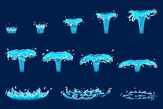 Water splash animation. Liquid crown motion effect, sea wave sprite sheet ocean blast drop splashes fx sequence frames ripple spray cartoon game asset ingenious vector illustration
