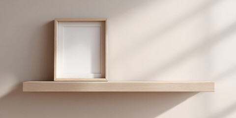 Fototapeta premium Minimalist wooden frame on floating shelf