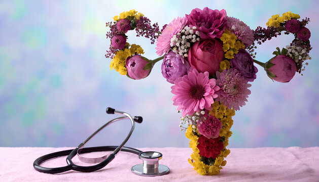 Creative floral illustration inspired by women's health and gynecology, featuring colorful flowers arranged into an elegant symbolic anatomical form with a clean, medical aesthetic and soft lighting.