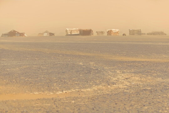 Hard sandstorm lashes the tents and shacks of an Amazigh nomadic campsite in the hamada (stone desert) near the Erg Chebbi dunes. Merzouga-Morocco-190