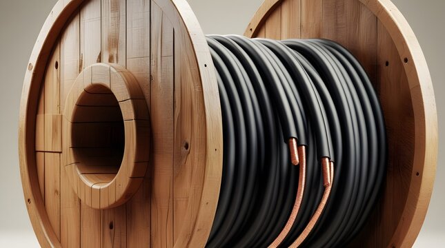 Detailed 3D Illustration of Wooden Spool with Organized Electrical Cable Coil