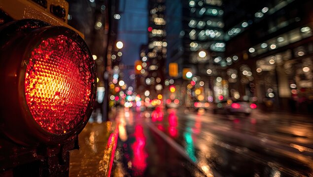 Close-up of a glowing red traffic light at night with blurry street and city lights