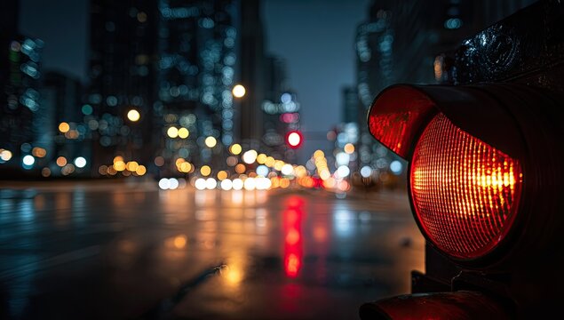 Illuminated red traffic signal at night, with city lights blurred in the background. Wet street reflects the glow