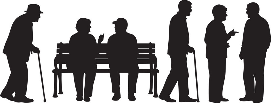 Black silhouettes of elderly men interacting and sitting on a bench old people white background