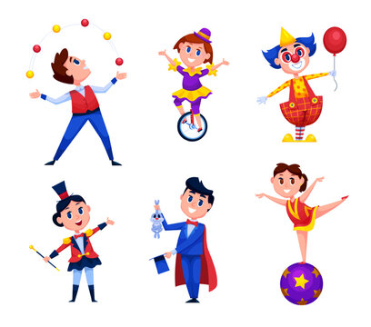 Kids circus characters. Children carnival artists, little magician child juggler boy acrobat girl cartoon cute character kid clown attraction show qualitative vector illustration