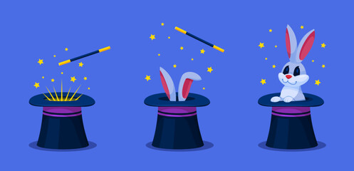 Obraz premium Rabbit magician cylinder. Magic hat with bunny, wizard trick hare ears in illusionist cap circus show wand illusion fantasy appear animal surprise qualitative vector illustration