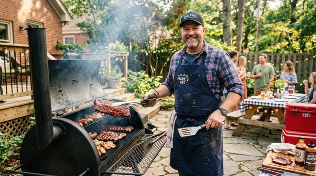 A man grilling ribs on a barbecue grill in a backyard with a group of people in the background.