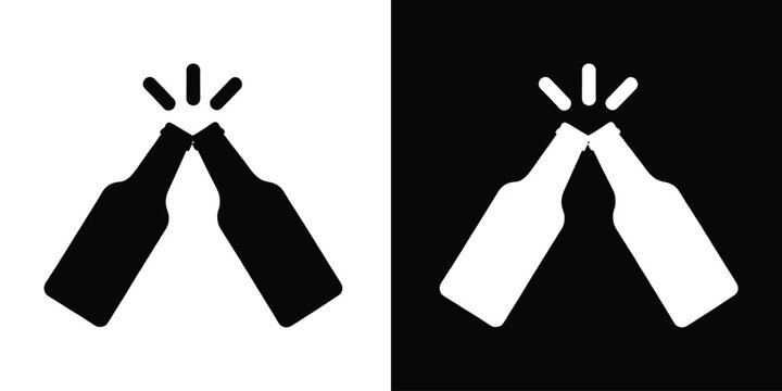 Two beer bottles clinking together, Beer cheers silhouette, Alcohol drink bottle pop vector illustration
