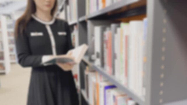 Woman in black dress reading book in library with bookshelves in background