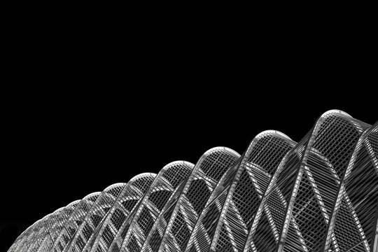 parabolic steel arches on dark background, dynamic, wave-like, and fluid appearance