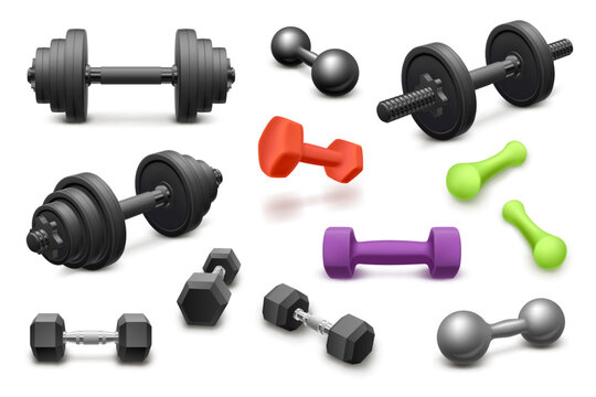 Realistic dumbbell. 3d dumbbells fitness gym workout muscle exercise weight equipment lifting weights barbell design weightlifting weightlifting isolated garish vector illustration