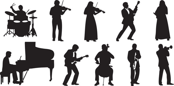 Black silhouettes of musicians playing various instruments white background