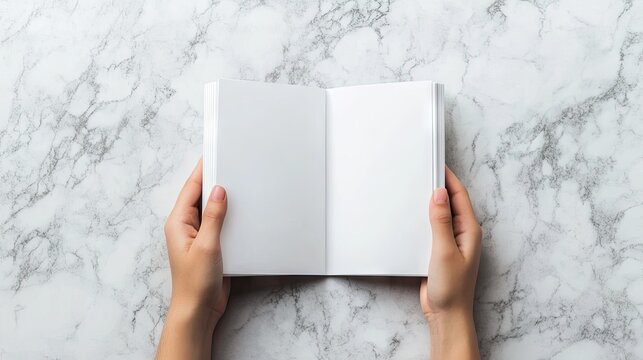 Open Blank Book Held by Hands on Marble Surface for Creative Writing, Journaling, Note Taking, and Artwork Inspiration with Empty Pages for Ideas