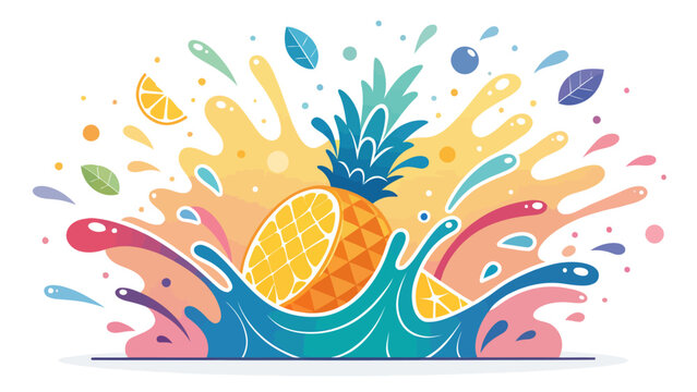 Vibrant pineapple splash with colorful juice and fruit pieces exploding in a dynamic graphic design