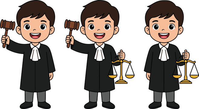 Three Happy Judges in Black Robes with White Collars, First Two Holding Wooden Gavels and Third Holding Golden Scales of Justice, Legal Court System Cartoon Characters Flat Vector Illustration
