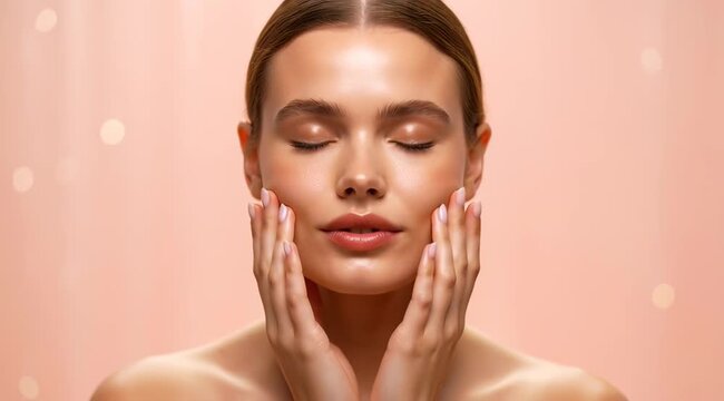 Close-up of a beautiful woman with glowing skin, eyes closed, touching her face gently, showcasing natural beauty and skincare.