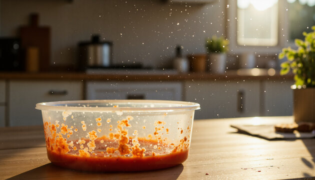 Dirty food container with leftover sauce on kitchen table in soft indoor light  