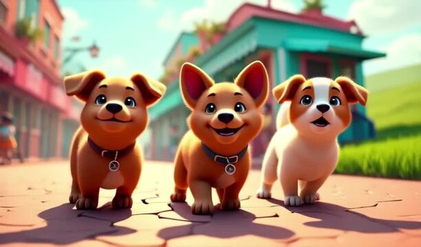 Three cartoon-style puppies standing side by side on a sunny outdoor path, with greenery and buildings in the colorful background, 4K Video