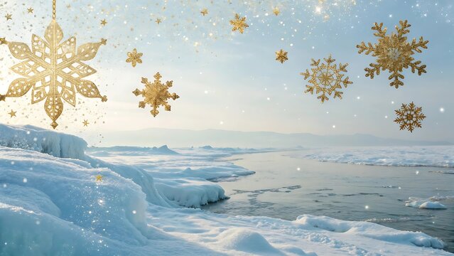 Golden snowflakes floating over a frozen icy landscape with a calm body of water