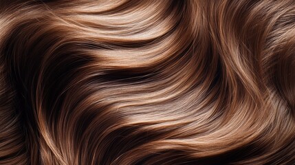 Naklejka premium Close-Up View of Glossy, Wavy, Brown Hair Texture Highlighting Softness, Shine, and Natural Flow, Perfect for Hair Care and Beauty Products Marketing