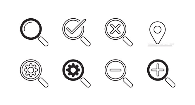 Collection of magnifying glass icons with different symbols and a location pin