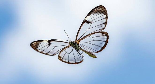 A delicate glasswing butterfly with transparent wings gracefully floats against a soft blue and white sky.