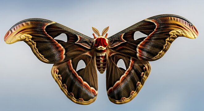 A magnificent Atlas moth with intricate patterns and eye-spots on its large wings is displayed prominently.