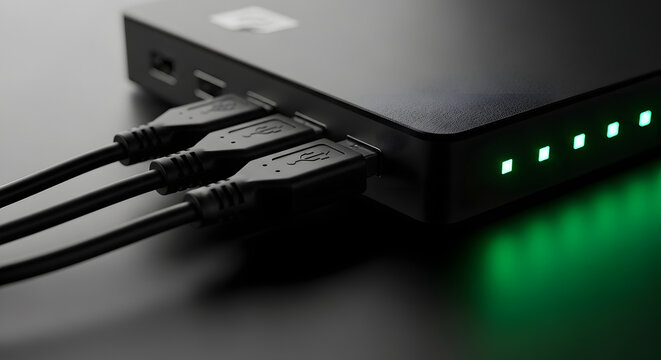 Closeup of a black usb hub with glowing green lights and multiple cables connected