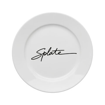 White plate with the word Splate written in black cursive font.