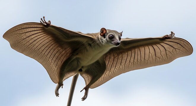 A rare Philippine flying lemur, or colugo, elegantly glides with its parachute-like membrane spread wide.