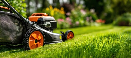 An orange gas-powered lawn mower stands on a lush green lawn during a sunny day in a beautiful backyard garden setting.