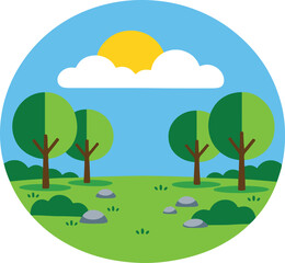 Fototapeta premium Peaceful Nature Landscape with Green Trees, Yellow Sun Behind White Cloud and Scattered Rocks in Circular Badge, Simple Flat Design Vector Illustration 