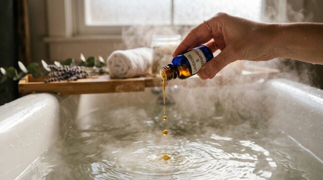 A hand holding a bottle of essential oil over a steaming bath tub with a white towel and flowers on a tray in the background.