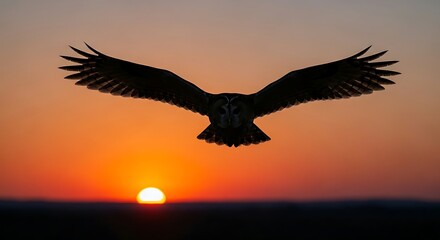Fototapeta premium A majestic owl in perfect silhouette spreads its magnificent wings, soaring directly towards the captivating orange glow of a stunning sunset.