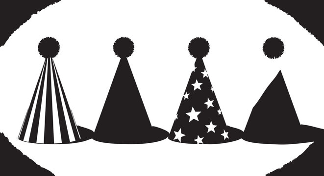 Four black party hats with pom poms on white background black hats silhouettes