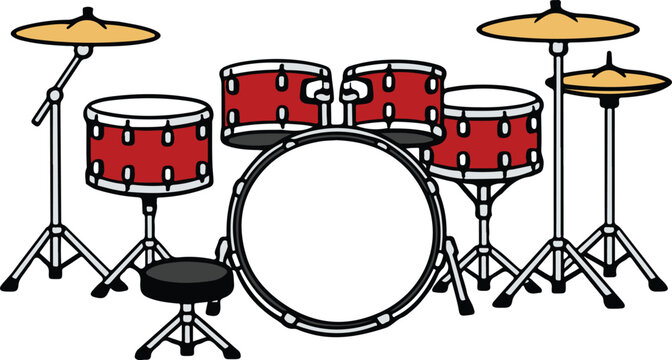 Complete Red Drum Set with Bass Drum, Snare, Toms and Cymbals, Cartoon Style Vector Illustration

