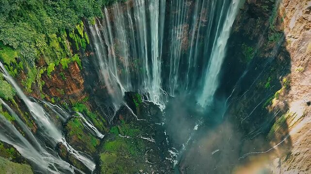 Tumpak Sewu Waterfall Aerial View with Rainbow Mist