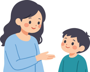 Obraz premium Mother and Child Having Friendly Conversation, Woman Talking to Boy, Flat Cartoon Style Vector Illustration 