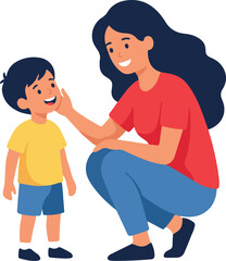 Fototapeta premium Mother Crouching and Gently Touching Son's Face, Happy Parenting Moment Flat Cartoon Style Vector Illustration 