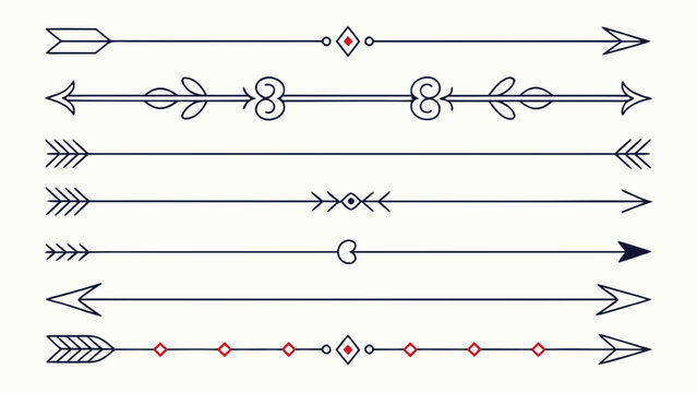 Arrow dividers and borders vector set with feathers, hearts, and geometric shapes, tribal arrow graphic design elements