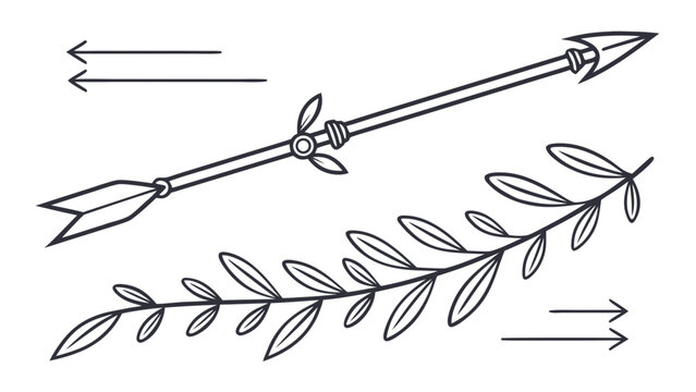 Ancient archery arrow with leaves vector illustration set, classic hunting weapon design and botanical ornament elements