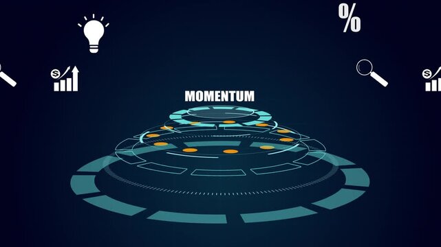 Business momentum and growth acceleration concept, Futuristic HUD interface with glowing data nodes, Strategic progress and innovation icons, Tech.