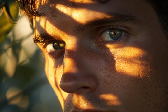 Man's face, sunlight, leaves, close-up portrait
