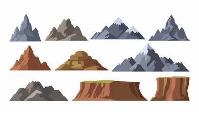 Flat mountain and rocky hill vector set with snowy peaks canyon cliffs and nature hiking landscape elements