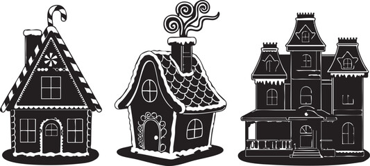 Fototapeta premium Silhouette gingerbread houses with icing details black and white candy cane