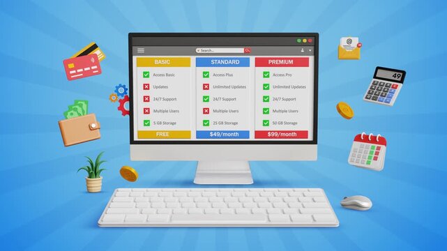 Pricing Plans, Plan Comparison, Recurring Billing, Customer Purchasing Plans, Membership Choices, Secure Payments, User Sign Up, SaaS Concept. Subscription Page Design on Computer. 4K 3D Video